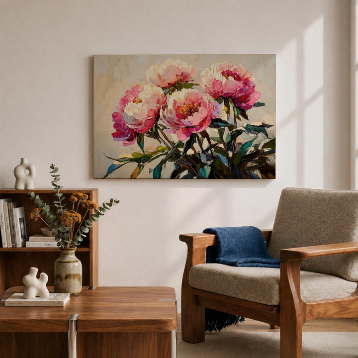 Soft pink peony artwork ready to hang in living room