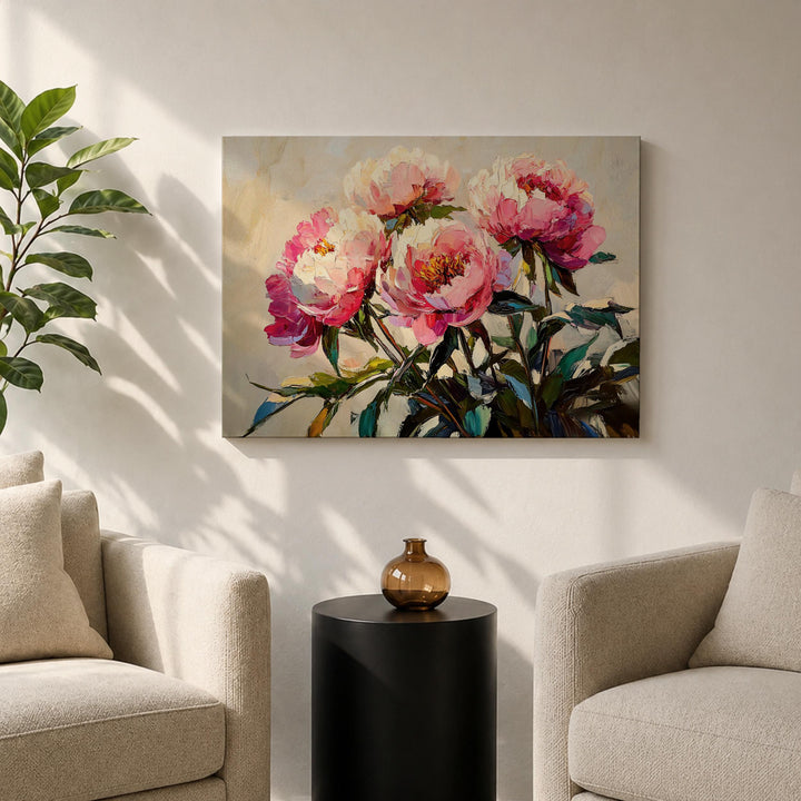 Close-up of petals on textured peony canvas art