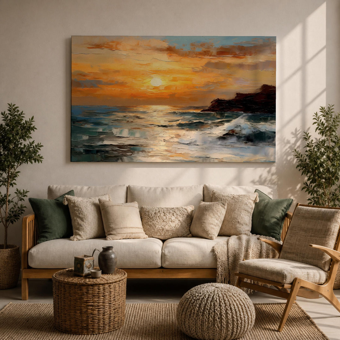 Framed coastal landscape wall art with calm sea and sky