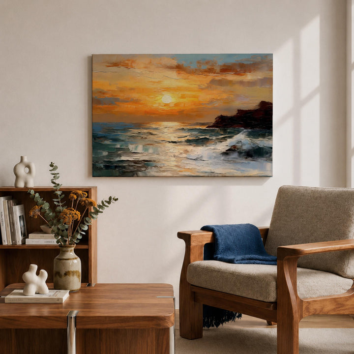 Living room wall decor featuring ocean sunset seascape