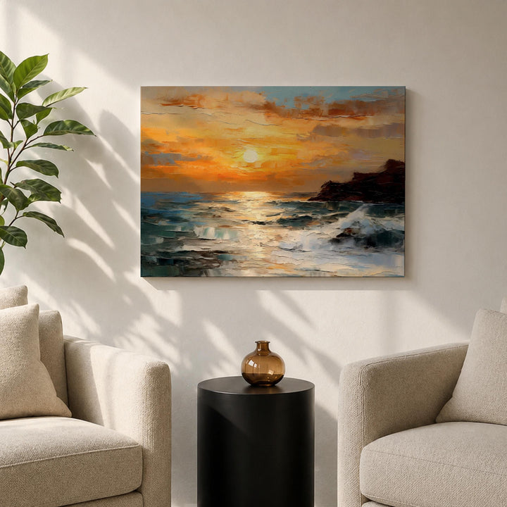 Seascape artwork detail of waves and warm sky hue