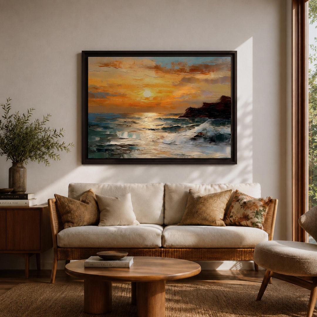 Framed canvas coastal landscape with ready-to-hang hardware