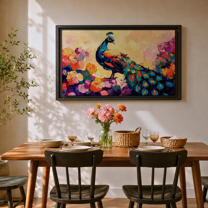 framed canvas artwork featuring peacock and lush botanicals