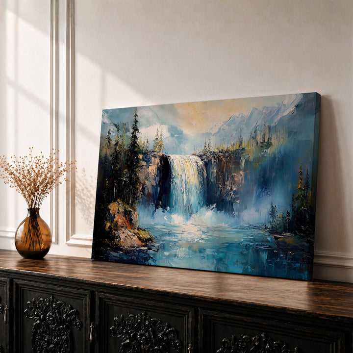 Framed waterfall forest landscape on textured impasto canvas