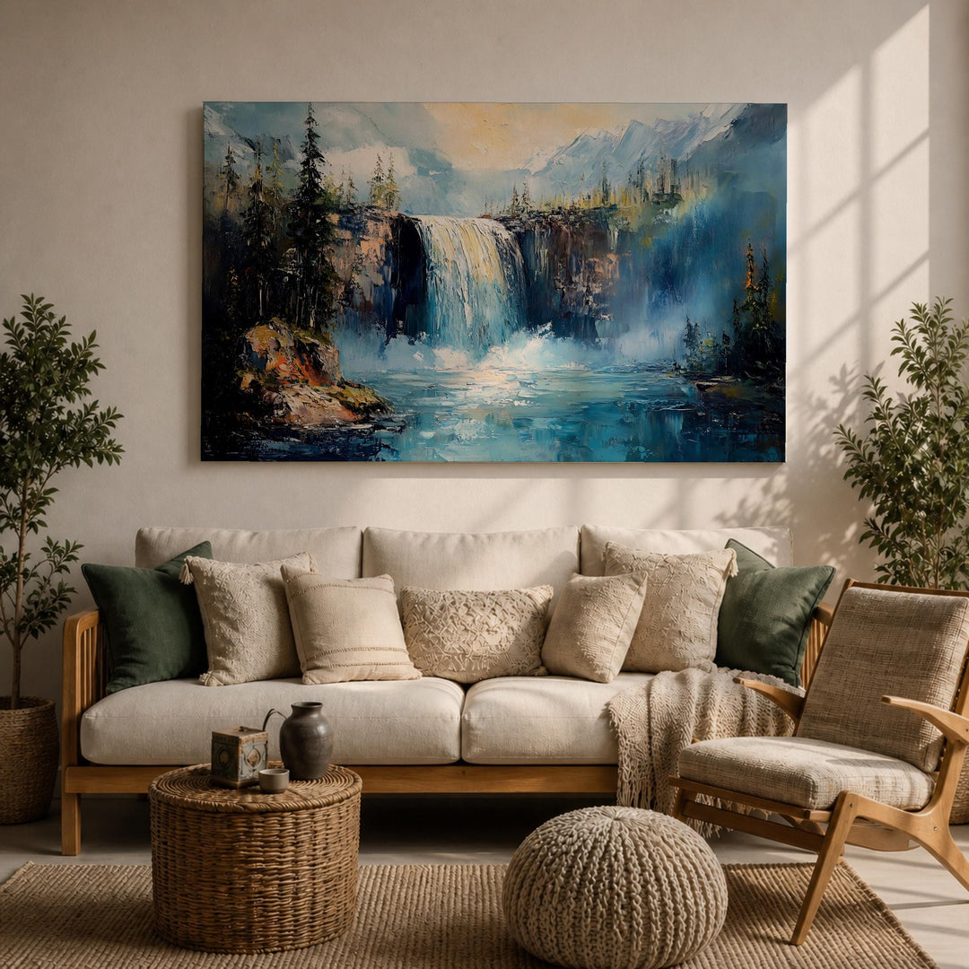 Cascade waterfall in woodland scene on rustic framed canvas