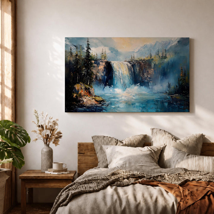 Impasto textured waterfall artwork on gallery wrapped canvas