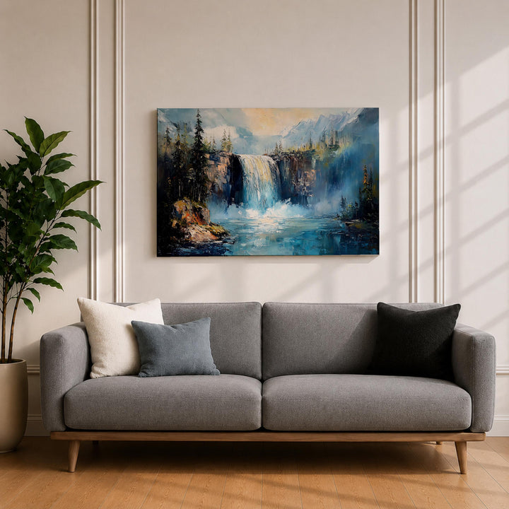 Wood-framed canvas nature wall art featuring waterfall cascade