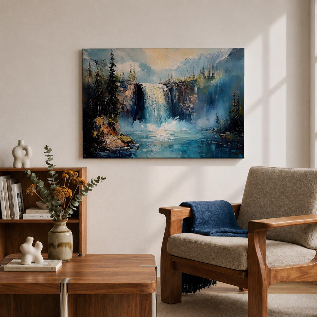 Rustic lodge style wall decor showing forest waterfall