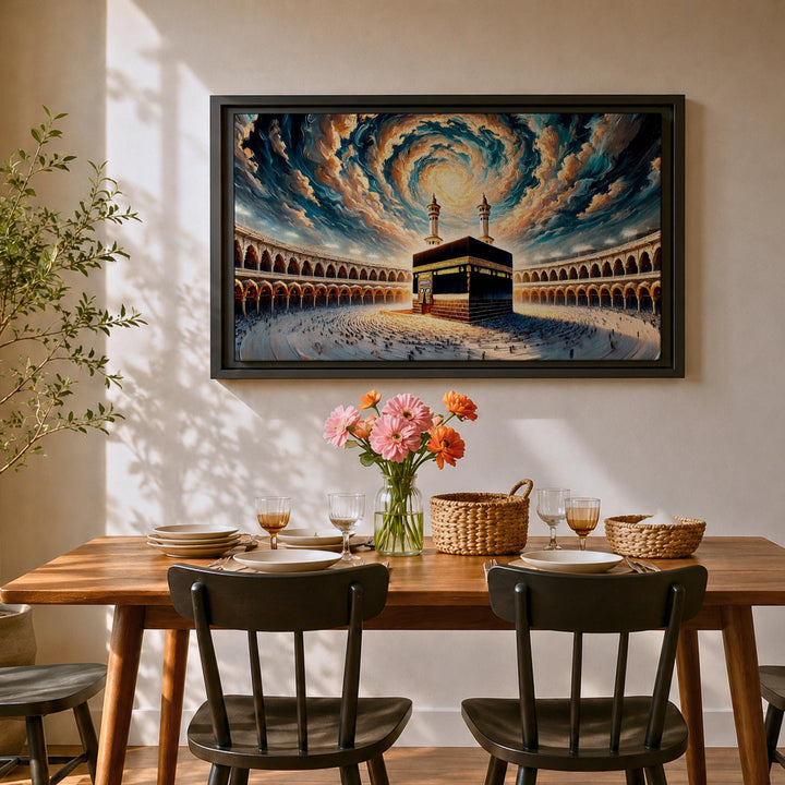 Framed Islamic art featuring Mecca and Kaaba motif