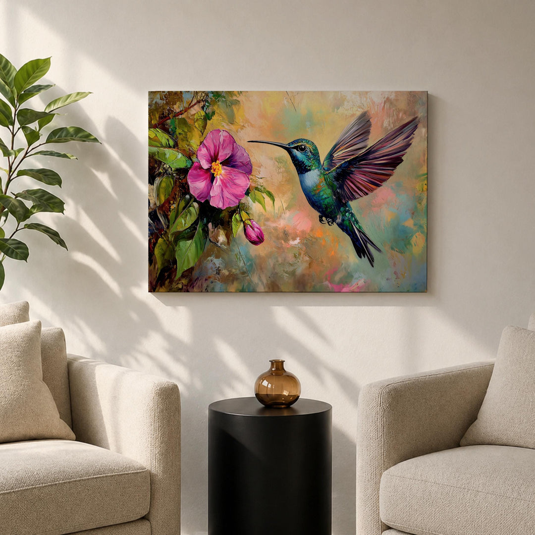 Rich palette of greens and pinks in framed hummingbird wall art
