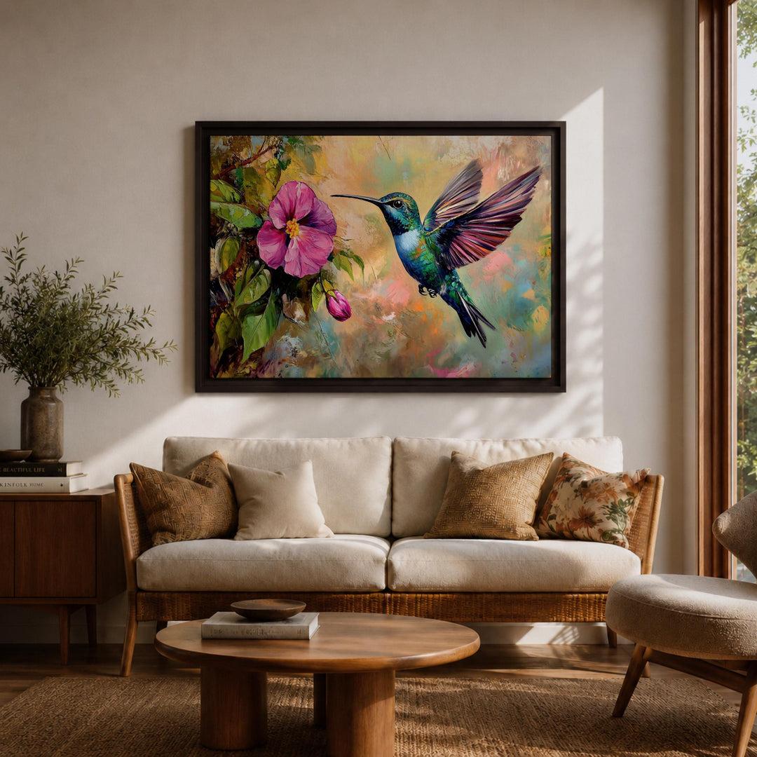 Ready-to-hang wall art: framed canvas depicting hummingbird and botanicals
