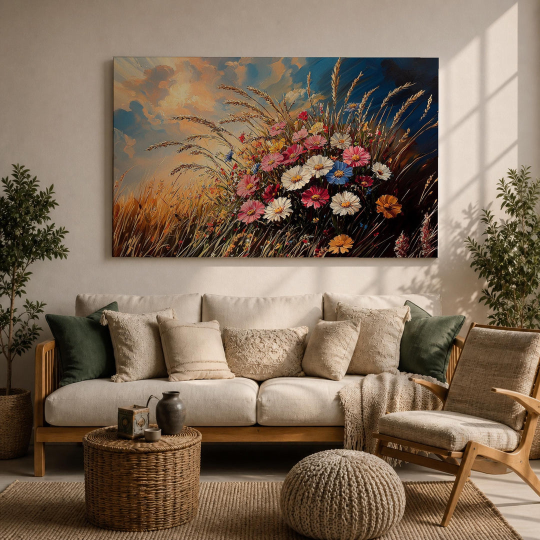 Close-up of meadow flowers on a framed canvas with textured impasto finish