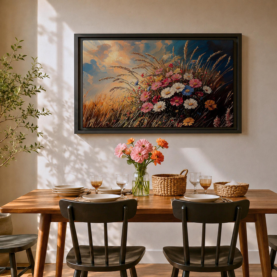 Rustic floral wall art on wood-framed canvas displaying meadow blooms