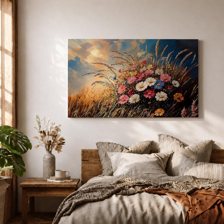Botanical meadow canvas art in natural wood frame for living room decor