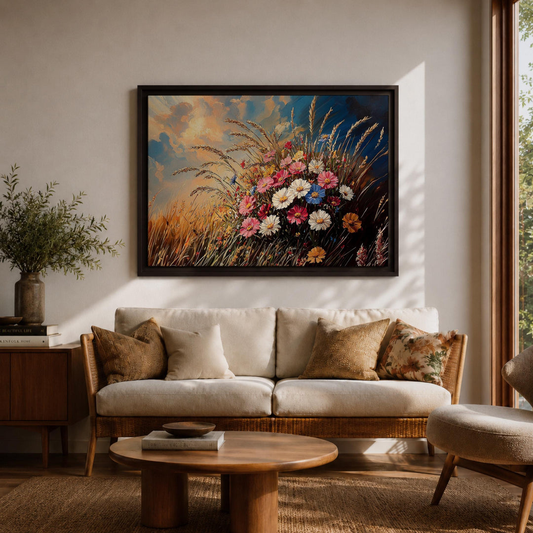Nature-inspired wall decor with meadow flowers on canvas and wood frame
