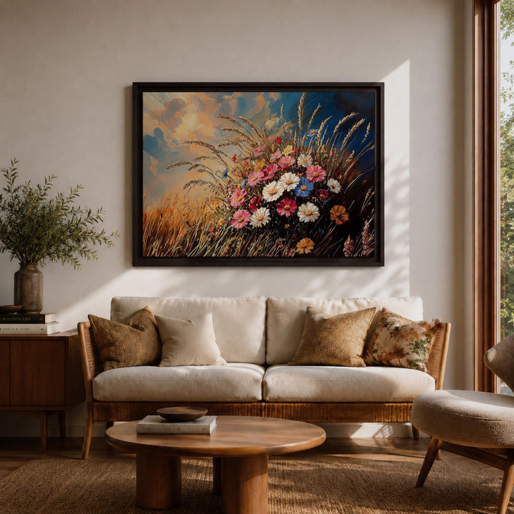 Nature-inspired wall decor with meadow flowers on canvas and wood frame