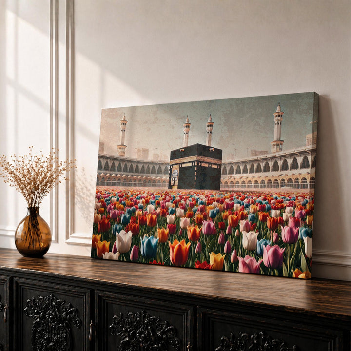 Kaaba Tulip Field framed canvas artwork — front view