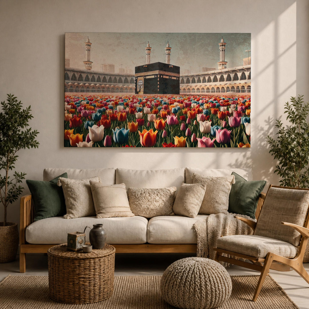 Framed canvas wall art with Kaaba and tulips design close-up