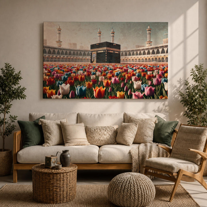 Framed canvas wall art with Kaaba and tulips design close-up