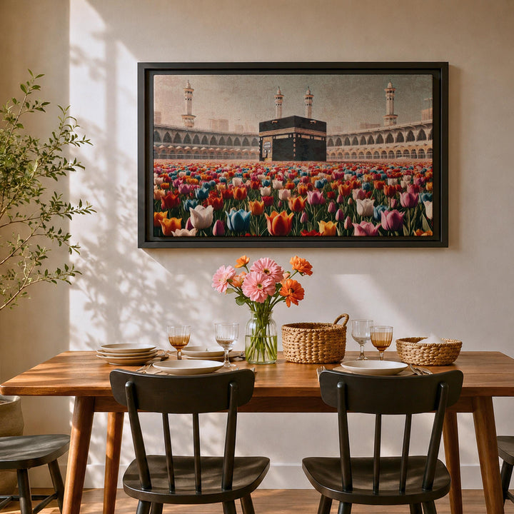 Tulip field over Baitullah motif on framed canvas
