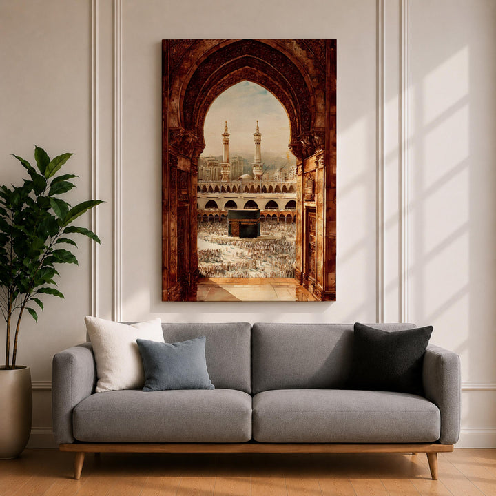 framed canvas wall decor showing masjid al-haram silhouette