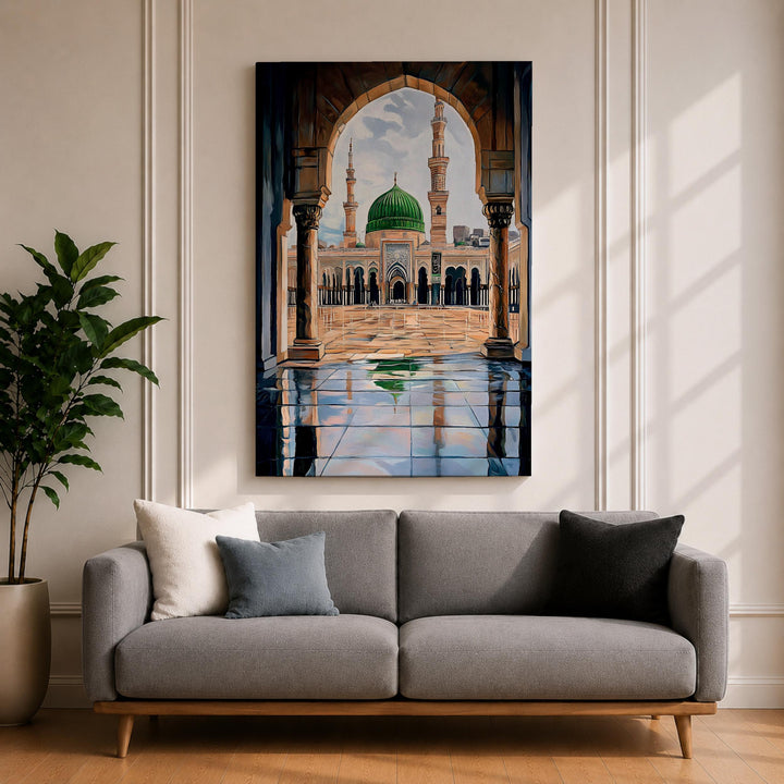 Framed Islamic wall decor featuring Masjid Nabawi and green dome