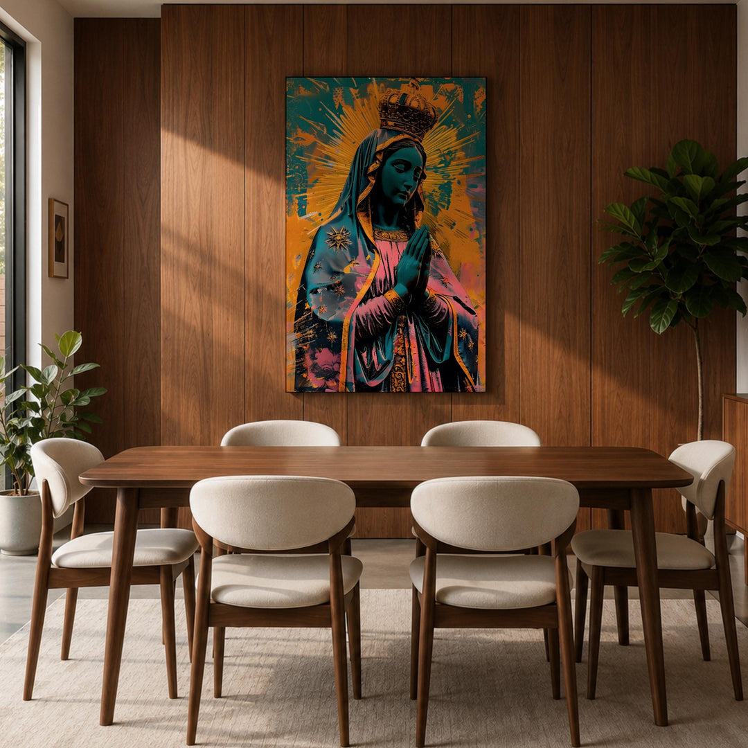 Colorful Our Lady of Guadalupe canvas print with protective coating.