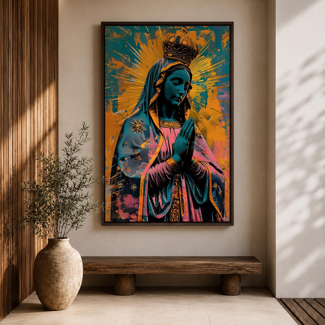 Religious wall decor: Our Lady of Guadalupe framed canvas art.