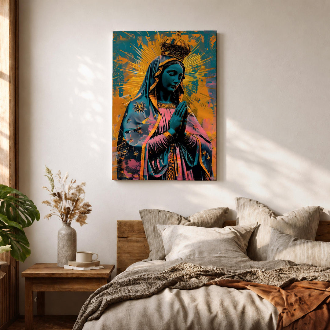 Framed canvas artwork of the Virgin Mary for Catholic homes.