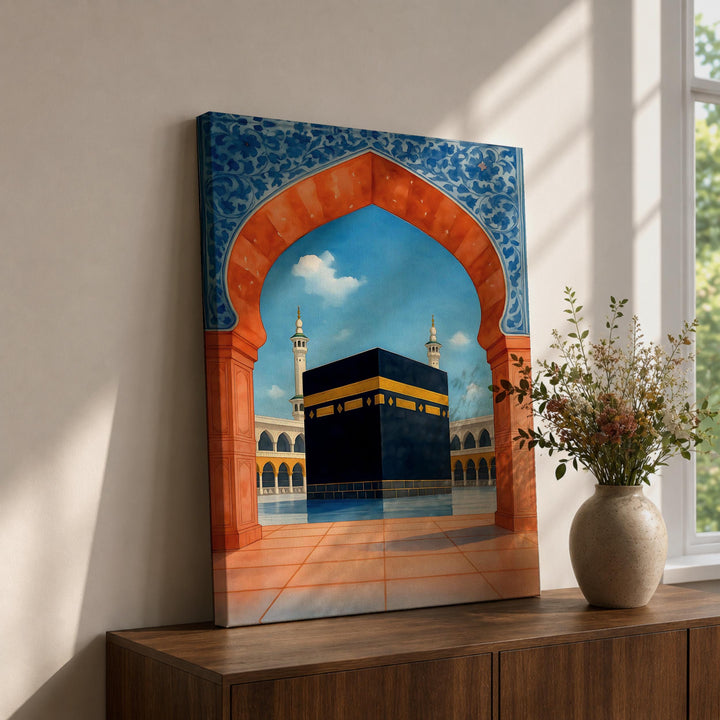 Kaaba arch view framed canvas wall art with Moroccan Moorish arch