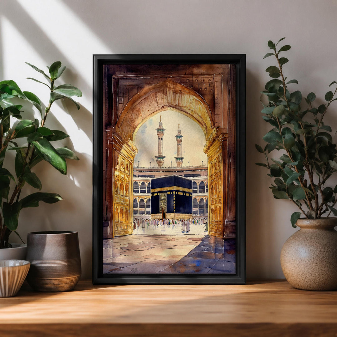 Kaaba archway watercolor wall art framed on wood