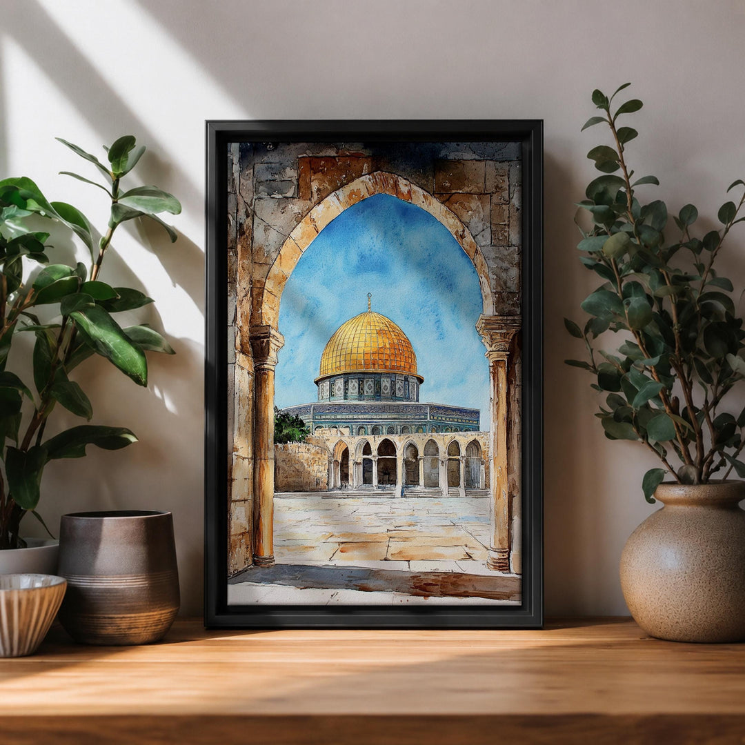 Framed canvas of Masjid Al-Aqsa with Jerusalem arch view and golden dome