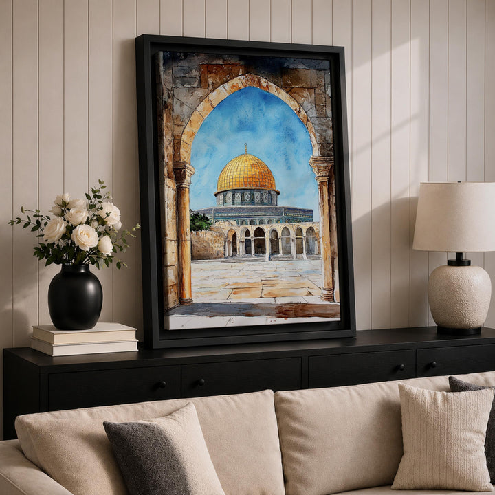 Gold-toned dome and mosque silhouette in Islamic wall decor
