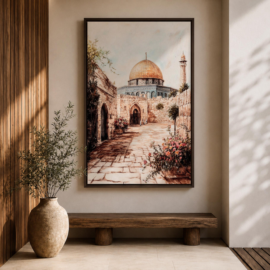 Artwork on framed canvas depicting Dome of the Rock details