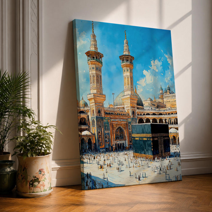 Framed Kaaba Mecca canvas wall art featuring sacred mosque motif