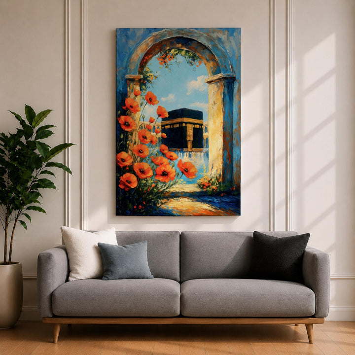 Framed Islamic art depicting Masjid al-Haram exterior on canvas