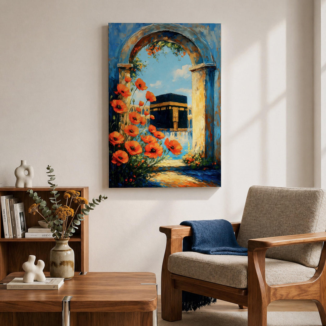 Prayer room wall art featuring Kaaba Mecca on premium framed canvas