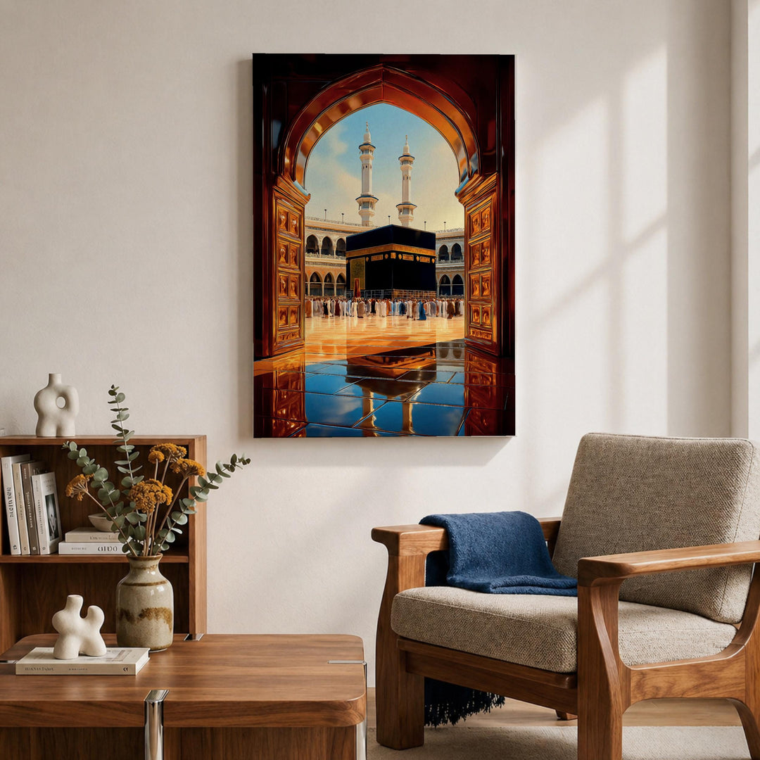 Islamic wall art: Kaaba doorway view on framed canvas, neutral tones