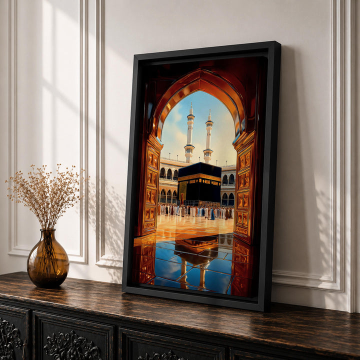 Masjid al-Haram scene on canvas with doorway perspective, framed