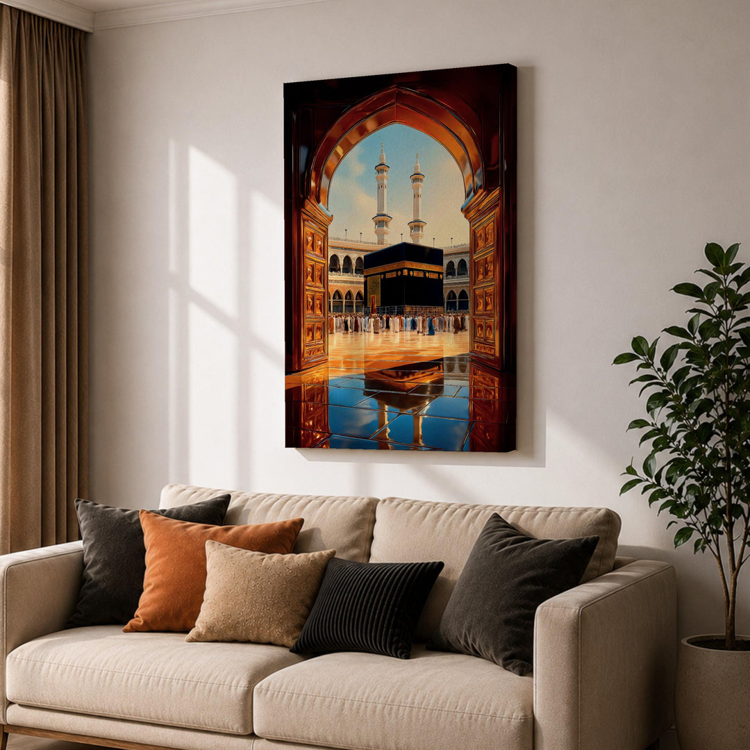 Abstract Islamic wall art: doorway to the Kaaba, Mecca scene, framed