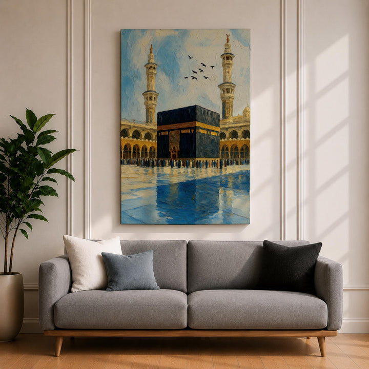 close-up of kaaba motif on framed mosque art