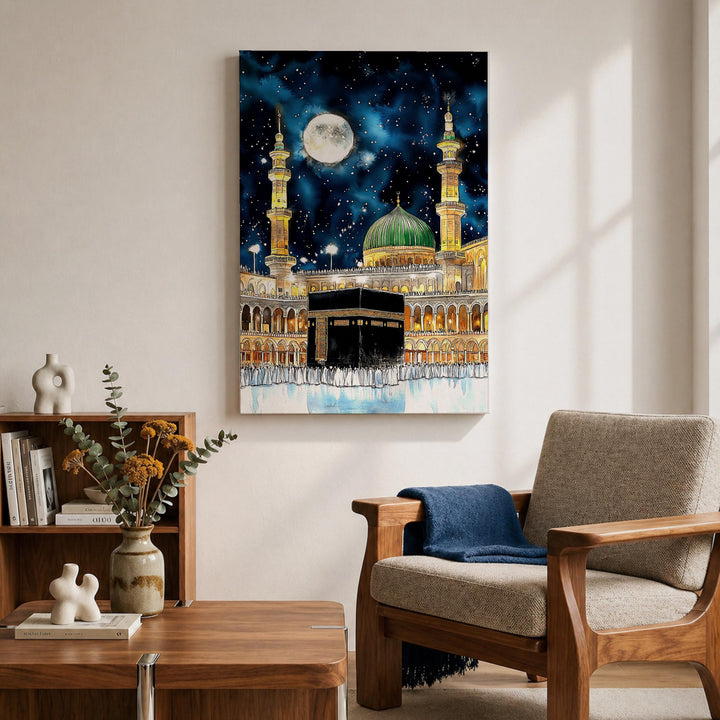 Living room setup with Kaaba framed canvas wall decor
