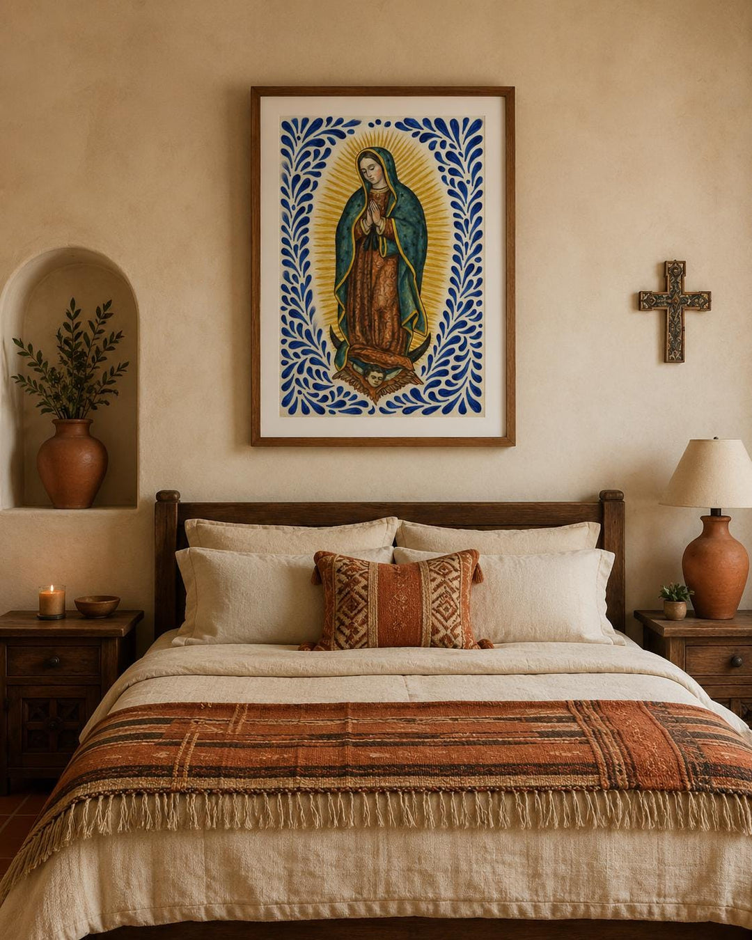 hand-painted Virgen de Guadalupe Talavera wall art details
