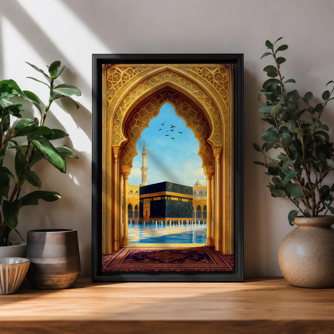 Kaaba wall art with gold archway on framed canvas