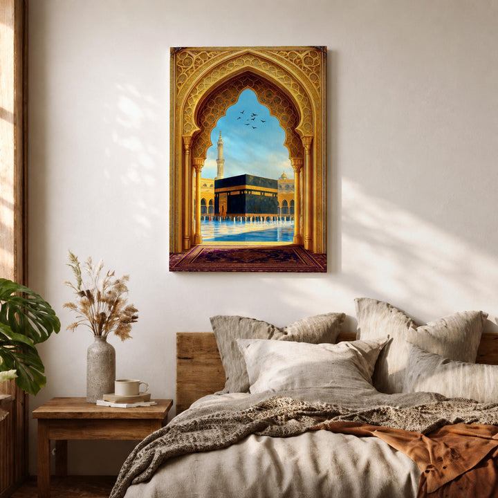 Living room wall art of Mecca mosque scene in gold