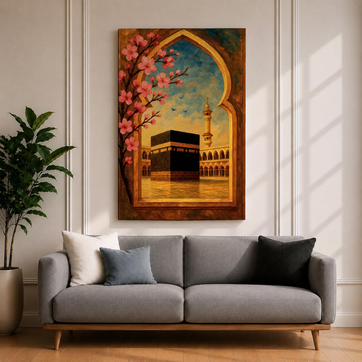 Framed Islamic art showing floral arch design on canvas