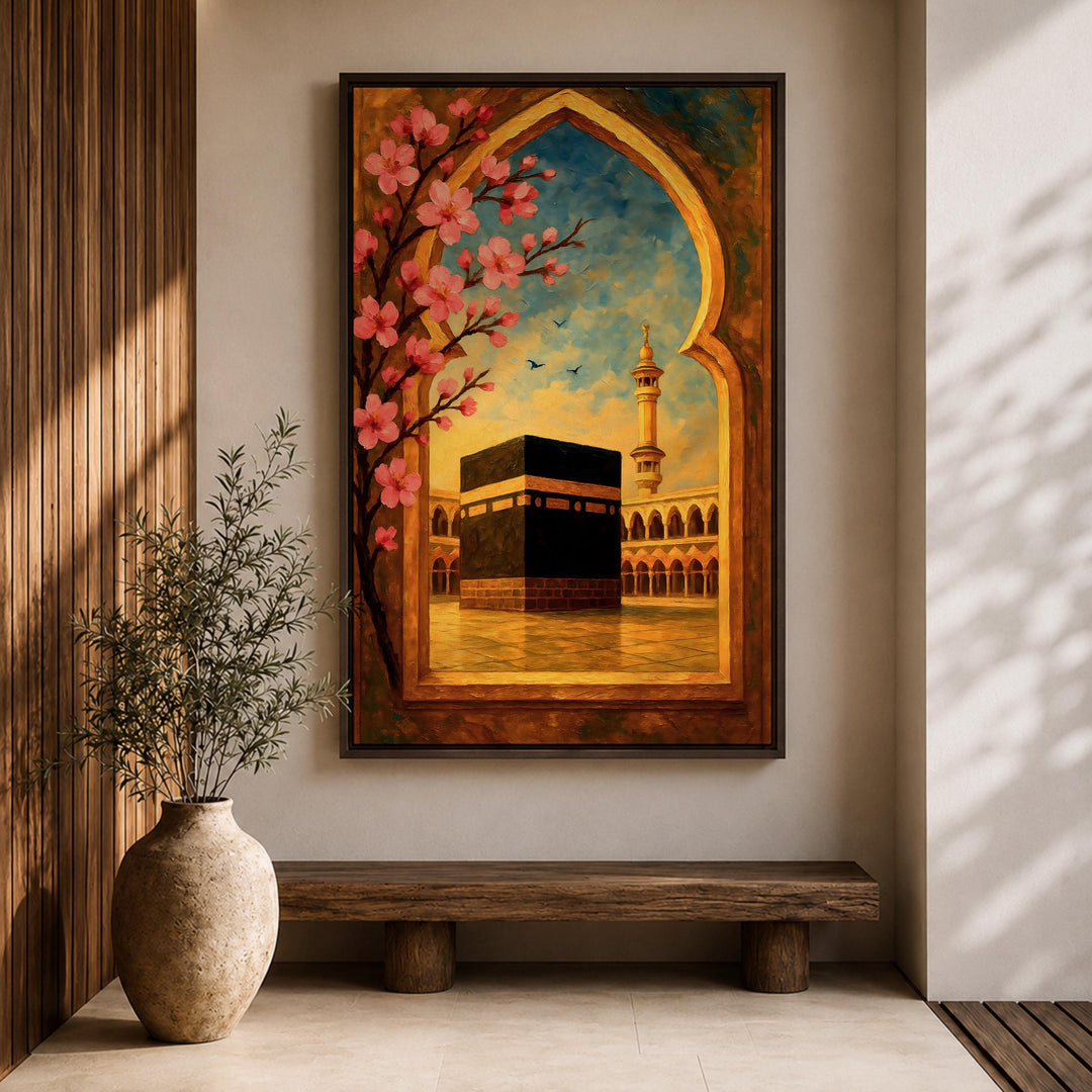 Close-up of intricate floral arch pattern on canvas frame