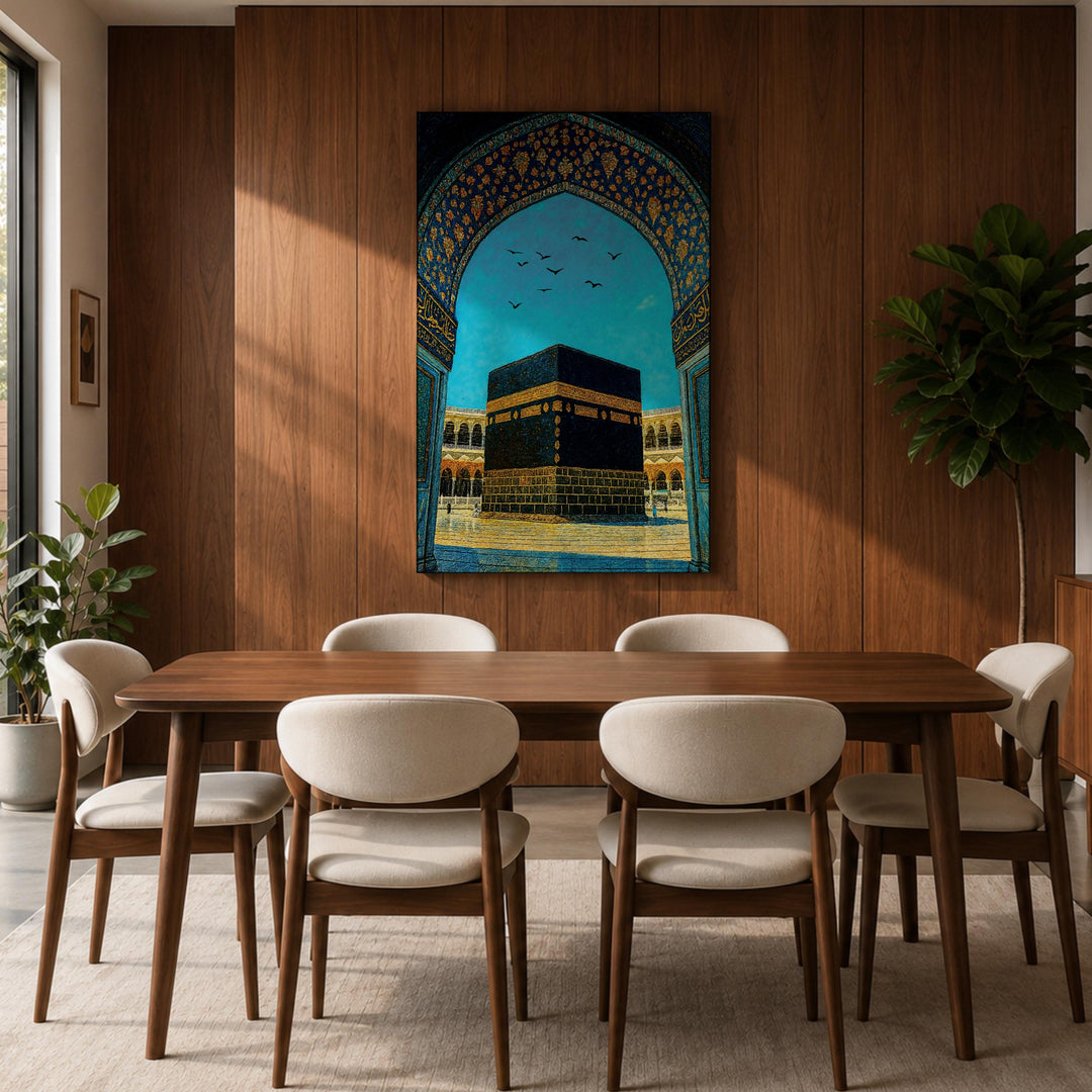 Masjid Haram inspired wall art hanging in living room setting