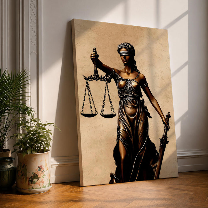 Lady Justice wall art showing scales of justice and blindfolded figure