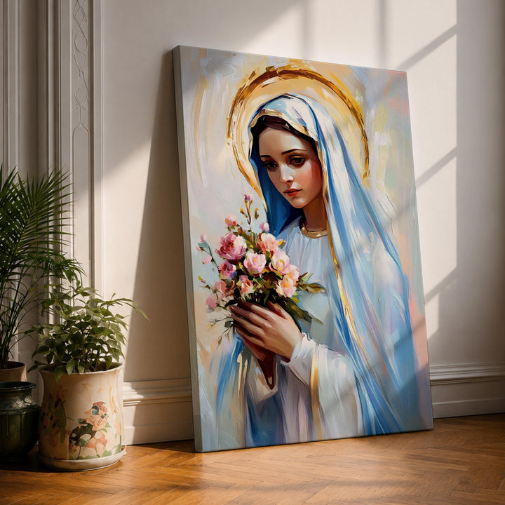 Framed Virgin Mary wall art with a floral bouquet in impressionist style